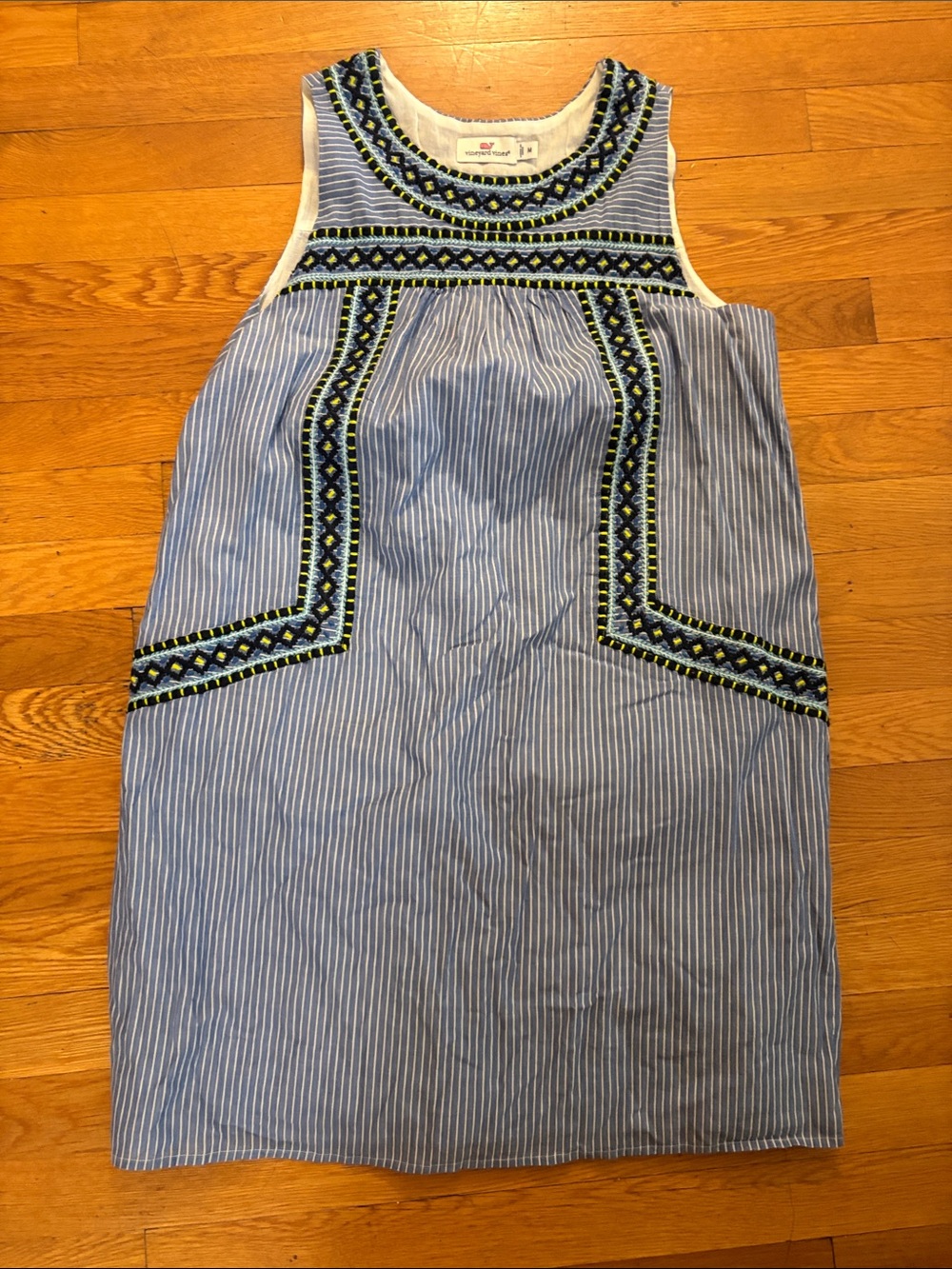 Blue Striped Embroidered Shift Dress